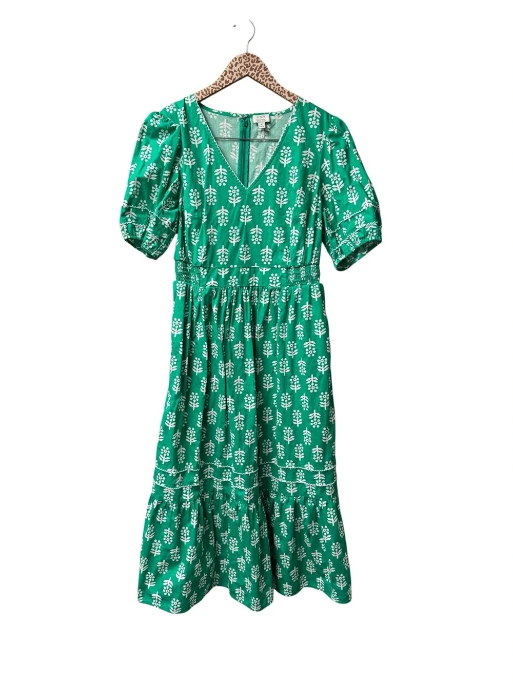 J. Crew Factory Block-Print Puff-Sleeve Midi Dress Emerald Beryl 10